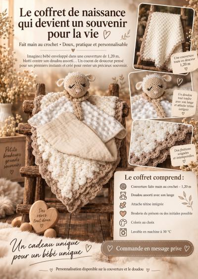 Fait main Coffret naissance b�b� au crochet couverture 1,20 m   doudou