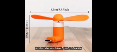 Mini ventilateur t�l�phone Type C USB orange 8,5 cm plastique mat   Lot de 2