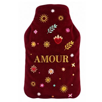 Bouillotte � eau velours brod� Amour bordeaux 27 cm