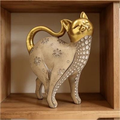 Sculpture chat d�corative en m�tal dor�-beige finition m�tallique autoportante