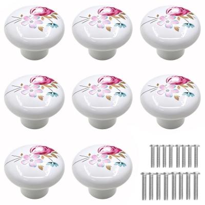 boutons de tiroir ronds en c�ramique peints � la main en   fleur rose 8 pi�ces