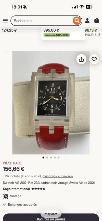Swatch AG 2001 r�f. 233 montre rectangulaire quartz cadran noir cuir rouge