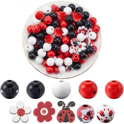 200 Pi�ce de Perles en Bois Coccinelle Rouge Noir Blanc 16mm Color�es Printemps