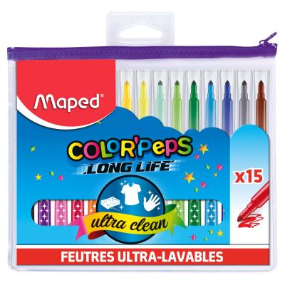 15 Feutres de Coloriage Ultra lavables-Longue Trousse Plastique Transparente