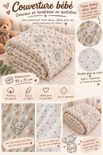 Couverture B�b� en minky et double gaze Fait Main