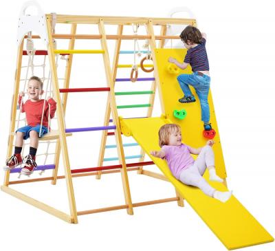 8 En 1 Set Jeux Escalade Enfant Avec Balan�oire Et Tobbogan En Bois, Filet & �ch