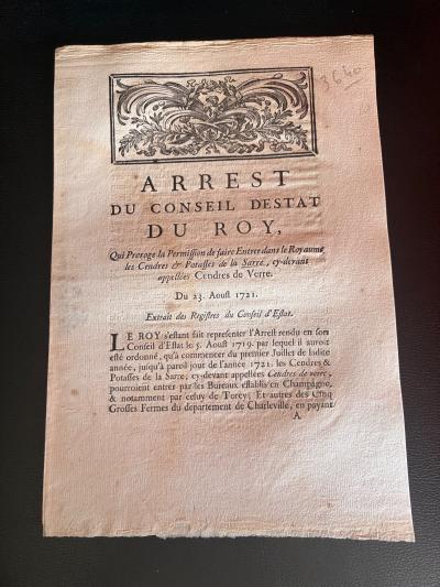 Document 1721   Arr�t du Roi - Potasses de la Sarre & Verre   Douanes Champagne