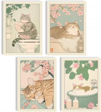 Ensemble de Posters de Chats 4 Pi�ces D�coration Murale Tabby Japonais