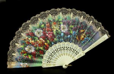 Eventail � d�cor floral vers 1950 Fan costume v�tement ancien
