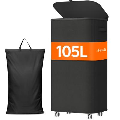 Panier a Linge Sale avec Couvercle et Roulettes Noir Polyester 24599 105L