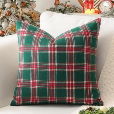 Housse de Coussin D�corative de No�l �cossaise � Motif Tartan Vert et Rouge