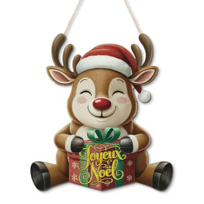 D�coration Murale en Bois de No�l Renne avec Cadeau et Inscription Joyeux