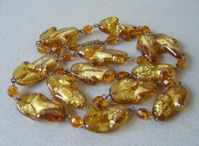 ancien collier vintage Verre MURANO Sulfure ambr� inclusions feuille d'argent