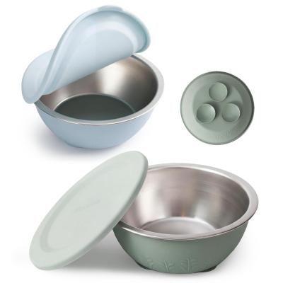 Bleu Pastel Lot de 2 Bols B�b� Inox avec Couvercles en Silicone et Base