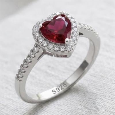 Bague argent sterling 925 c ur pierre rouge entourage de petites pierres