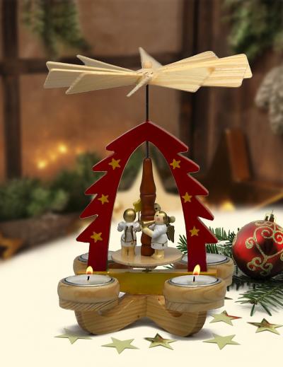 Pyramide de No�l Rouge en Bois Certifi� FSC Motif D�corations 15x15x22 cm