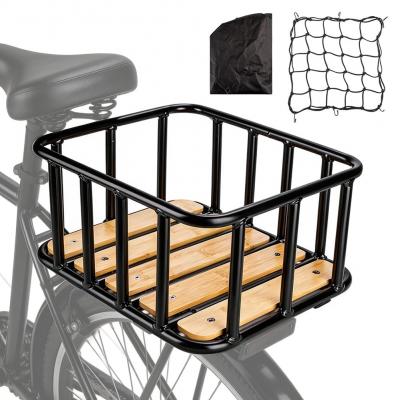 Panier de V�lo Arri�re en Acier avec Fond en Bois Noir Acier Inoxydable
