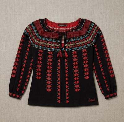 Desigual Pull femme noir-rouge motif g�om�trique manches longues M, col � lien