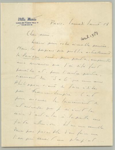 Colonel R�my (Gilbert Renault)   Lettre autographe sign�e   Le Parisien   1958