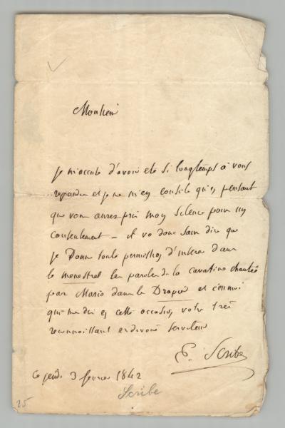 Eug�ne Scribe   Lettre autographe sign�e   Le M�nestrel, Le Drapier   1842