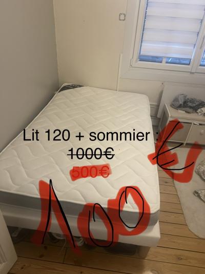Lit 120 cm blanc en tissu, taille matelas compatible 120 cm, avec sommier