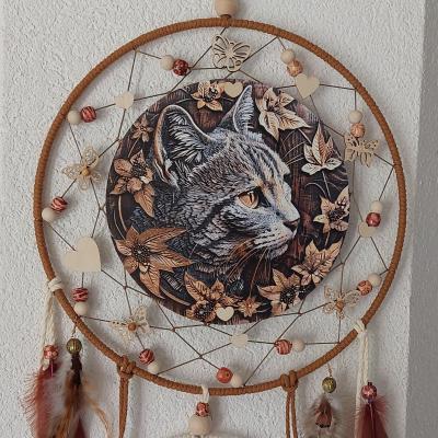 D�coration murale CHAT Tigr� plumes et perles, marron blanc rouge