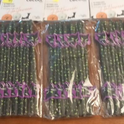 c�coa 3 X  12 pailles papier Angry Cat chat Halloween noir vert violet
