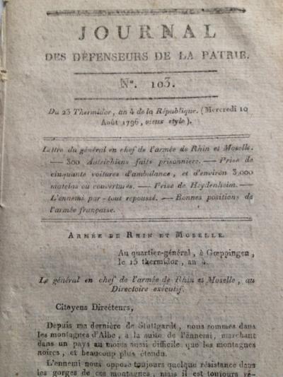 Rare Journal De La Patrie 1796 Weissenstein G�n�ral Saint Cyr Aalen Allemagne