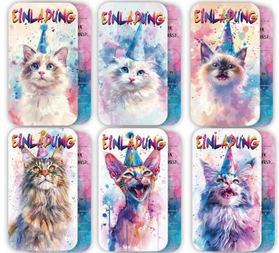 Cartes d'Invitation Lot de 12 au Motif de Chat Mignon pour Anniversaire d'Enfant