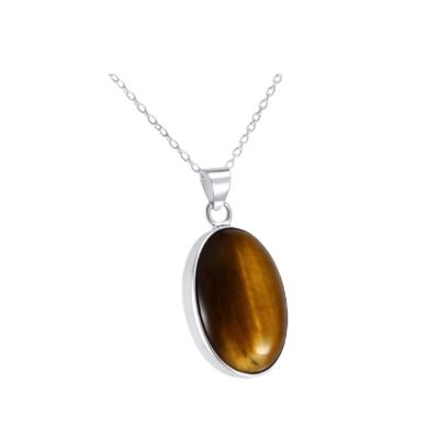 Collier Pendentif Petit Pierre d' il de Tigre Marron Ovale Argent Sterling 925