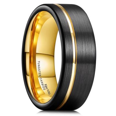 18.9 Bague Homme 8 mm Tungst�ne Noir Alliance Mariage avec Rainure Dor�e M�tal