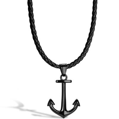 Collier Homme Cuir Ancre Marin Noir Cadeau Anniversaire Fils 60 cm Uni