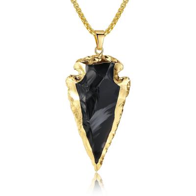 Collier Long Pendentif Fl�che Pierres V�ritables Obsidienne Brute 80 cm Dor�e