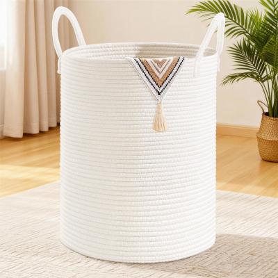 Panier � Linge en Corde de Coton Tress� 100L Blanc Uni Moderne Chambre