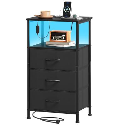 Table de Chevet Noire avec Station de Charge et Lumi�re LED pour Chambre M�tal