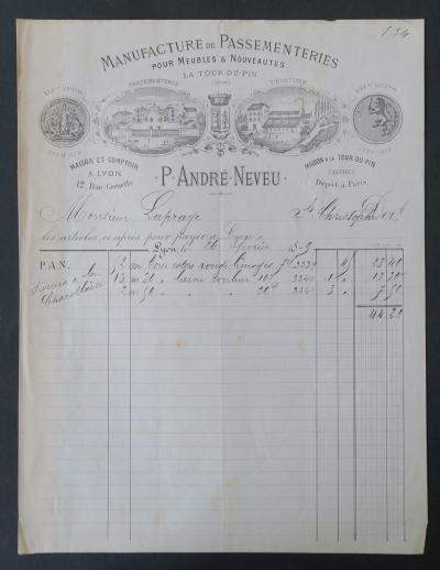 Facture LYON 1879 PASSEMENTERIE la Tour du Pin  ANDRE NEVEU   illustr�e 79