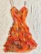Vintage Fairycore Sequin Ruffle Mini Dress Orange Tropical Whimsical Boho Gown