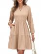 Robe Femme Chic et Elegant � Manches Longues Midi Robe Doux Col en V Taille