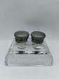 #AG Encrier ancien double en verre avec couvercles m�tal � restaurer d�co bureau