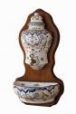 Fontaine murale fa�ence d�cor Rouen compl�te bois robinet laiton 82cm