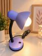 Lampe de bureau violet-noir col flexible, boutons, c�bl�e, blanc, c�ne plastique